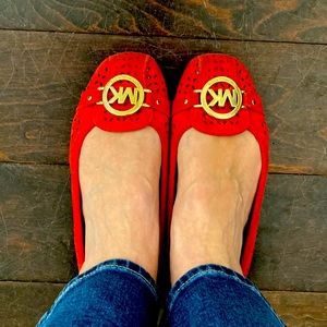 Michael Kors red suede flats with gold trim